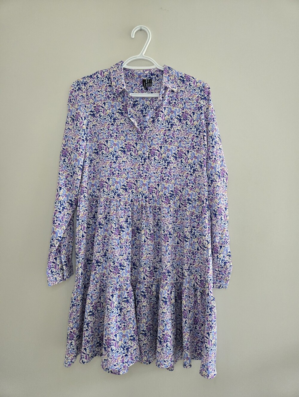 Vero Moda purple + blue multi floral print long sleeve tiered dress, small, new